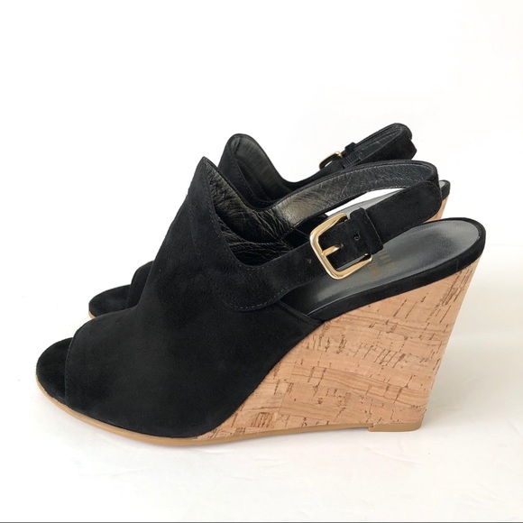 Stuart Weitzman Liner Black Suede Open Toe Sling Back Cork Wedge Sandals - Picture 2 of 8